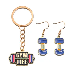 Fitness halter sleutelhanger en oorbellen set, gym leven legering emaille sieraden.