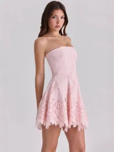Pink strapless lace mini dress for women summer sexy slim fit casual party wear apparel
