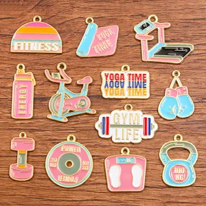DIY legering sport geëmailleerde bedels set met dumbbell yoga loopband fitness items.