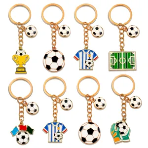 Soccer themed metal keychain collection, sports souvenir pendant for fans and students.