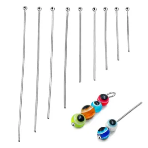 Stainless steel ball head pins and colorful evil eye glass beads for DIY jewelry making details.