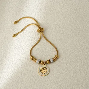 Pulsera de cadena de serpiente de acero dorado con colgante de árbol de la vida cristal