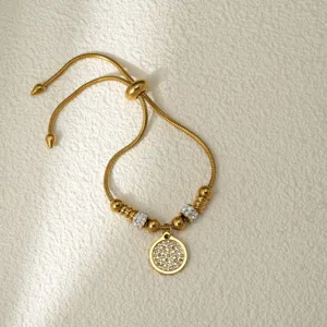 Pulsera deslizante ajustable chapada en oro de acero inoxidable con colgante de cristal mujer