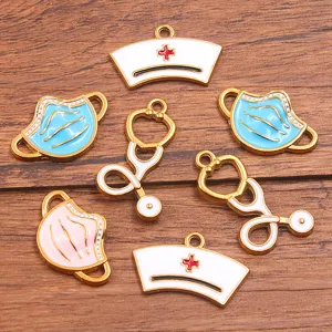 Stainless Steel Gold Vacuum Electroplated Medical Theme Charms Stethoscope Nurse Hat Mask Enamel Drip Oil Pendants Jewelry Making DIY Accessories