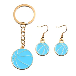 Fashion blue basketball keychain and earrings set alloy sports jewelry gift for fans.
