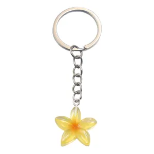 Resin flower keychain yellow plumeria charm metal keyring bag pendant accessory gift nice