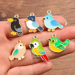 Detail view of six cute alloy drip oil bird parrot pendants for DIY jewelry crafting.