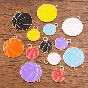 Detail view of colorful enamel basketball charms, alloy DIY jewelry pendants, multi-color.