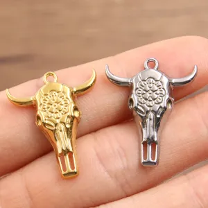 Stainless steel bull skull charms set, gold and silver color, perfect for DIY jewelry making.