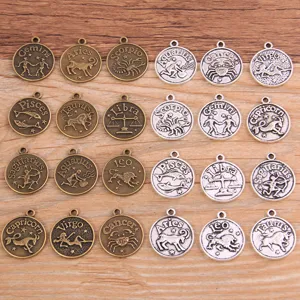 Breloques Vintage en Alliage Douze Signes du Zodiaque Pendentifs Ronds Boussole Étoilée Électroplaqué Breloques en Métal pour la Fabrication de Colliers et Bracelets DIY Fournitures