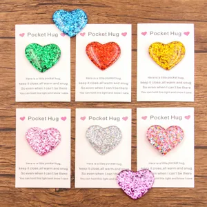Pocket Hug Heart Resin Ornament With Warm Poem Card Glitter Heart Desktop Decor Token Gift For Christmas Valentine Birthday
