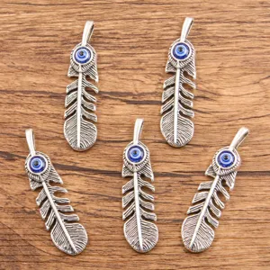 Antique Silver Feather Pendant With Blue Evil Eye Charm Hollow Zinc Alloy DIY Jewelry Accessories For Necklace Bracelet Making