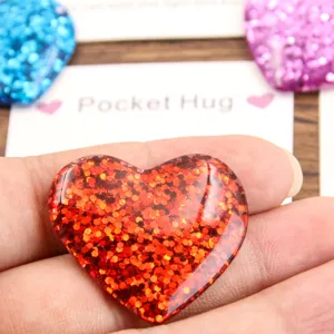 Red glitter resin pocket hug heart token with pocket hug packaging card for holiday gift
