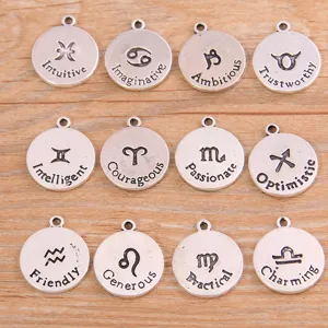 Lot de pendentifs en alliage argenté vintage, breloques zodiaque pour création de bijoux.