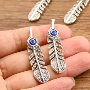 DIY zinc alloy feather evil eye pendant 12x48mm vintage metal charm for jewelry making