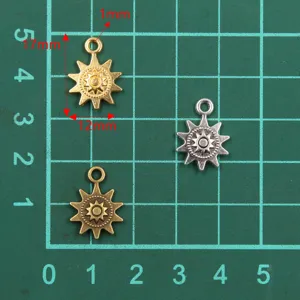 3-farbiger 12x17mm Legierung Sonnen Anhänger Detail mit Maßangabe und Steampunk Zahnrad.