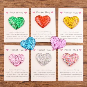 Glitter resin pocket hug heart token gift, cute love message present with greeting card.