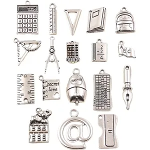 Breloques fournitures scolaires argentées DIY fabrication bijoux calculatrice livre set