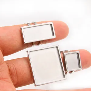Edelstahl DIY Rohling Ringfassung fuer quadratische und rechteckige Cabochons Schmuck.