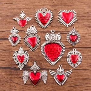 Vintage Gothique Cœur Aile Alliage Charms Pour Fabrication De Bijoux DIY Collier Boucles D'oreilles Émail Rouge Sacré-Cœur Couronne Flamme Pendentifs Accessoires