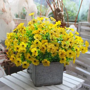 Detailed artificial yellow flower potted arrangement for elegant home tabletop decor.