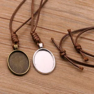 DIY oval bezel pendant tray with brown pu leather cord necklace base jewelry making findings