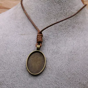 Antique bronze DIY zinc alloy 18x25mm time gemstone pendant tray sweater chain with brown PU cord