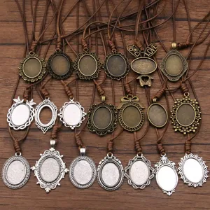 DIY Bronze Silver Bezel Pendant Necklace Blank Trays Vintage Oval Sweater Chain Craft Supplies