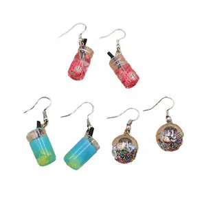 Handmade cute mini glass bottle bubble tea and ball earrings for women and girls daily wear.