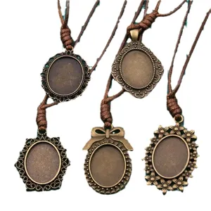 Antique bronze DIY blank pendant trays necklace set with adjustable brown PU leather cord.
