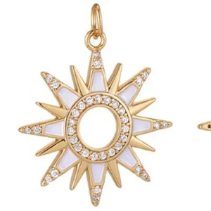 14K gold plated sun pendant with white enamel and sparkling cubic zirconia for DIY necklaces
