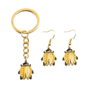 Gold enamel ladybug beetle keychain earrings set, cute animal insect diy accessories.