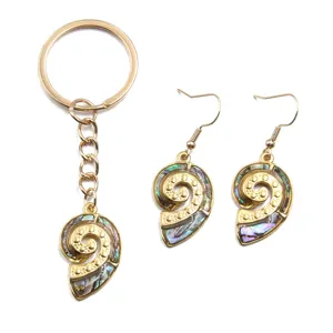 Moana spiral shell keychain and earrings set with colorful abalone inlay jewelry.