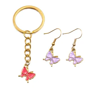 Conjunto de llavero y pendientes de mariposa dorados con colgante de esmalte, joyas de bricolaje.