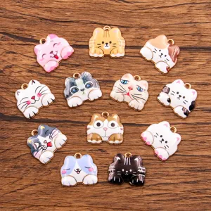 Legering Kat Charms DIY Sieraden Maken Accessoires KC Goud Emaille Gemengde Kleur Schattige Dieren Kitten Hangers Ketting