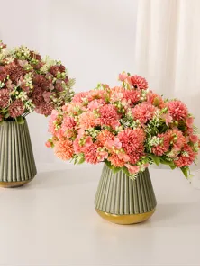 Artificial pompon chrysanthemum bouquet with ceramic vase, macaron color desktop home decor.