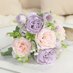 Bouquet di rose artificiali fiori finti decorazione casa matrimonio rosa viola composizione