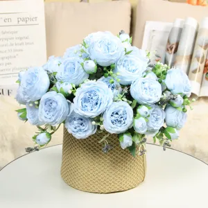 Artificial blue peony rose bouquet in woven pot home desktop decorative floral arrangement