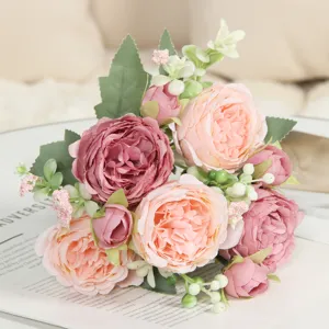 Bouquet di rose artificiali 5 teste fiori finti persiani decorazione casa matrimonio dettagli floreali.