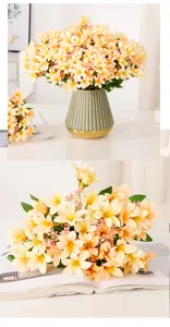 Vista ravvicinata del bouquet di gigli gialli artificiali con foglie per la decorazione.