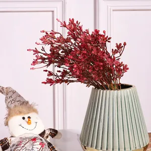 Artificial 5-branch red berry flower bouquet in ceramic vase for home and office decor.