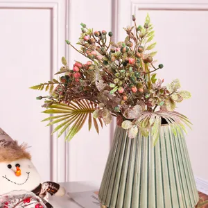 Artificial flower bouquet plastic simulation plants with green ribbed vase for home decor