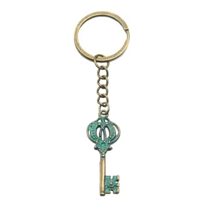 Close-up detail view of vintage bronze alloy key pendant with unique verdigris finish.