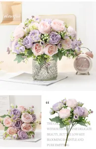 Bouquet de fleurs artificielles pivoine rose violet en soie avec vase en verre déco