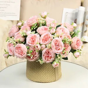 Pink artificial peony rose flower bouquet in woven pot home and wedding table decor