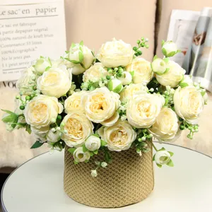 Artificial peony silk flowers bouquet in woven pot for home wedding floral decoration.