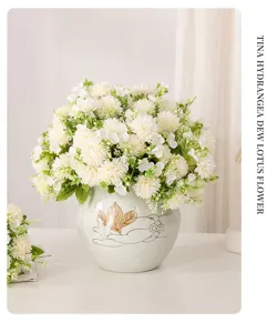 Artificial hydrangea flower bouquet with ceramic vase, perfect for home tabletop decor.