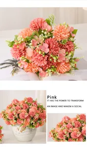 Artificial pink ping pong chrysanthemum bouquet for home decor, beautiful faux floral arrangement.