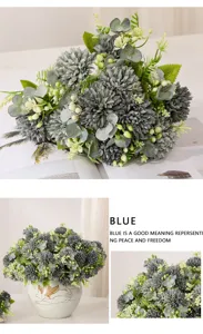 Artificial chrysanthemum bouquet blue silk flowers home decor tabletop vase arrangement