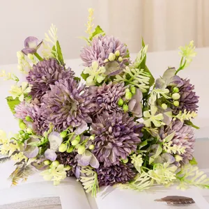 Artificial pompom chrysanthemum flower bouquet, purple macaron color floral decor for home table.